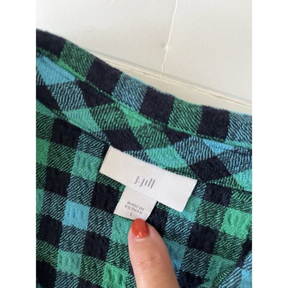 J Jill Tunic Top Shirt Women L Green Black Plaid Relaxed 1/4 Button Up Cottage - Picture 3 of 9